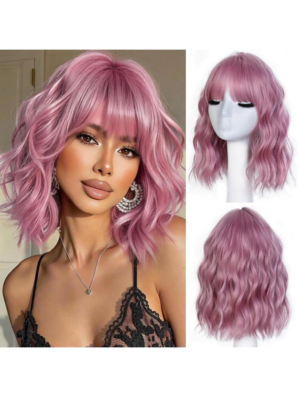 Women's Dirty Pink 14 Inch Natural Synthetic Short Curly Wavy Fiber Wigs